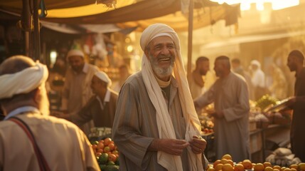 A joyful elderly man wearing a traditional head wrap laughs heartily in a bustling market atmosphere - obrazy, fototapety, plakaty