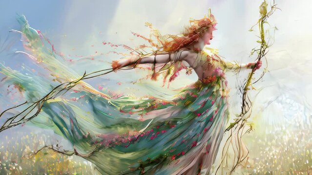 In a spring meadow, a woman wearing a translucent dress dances ethereally in the wind. Her hair and gown billow in the breeze, as if becoming one with nature. 