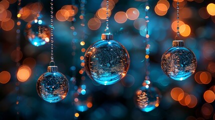   A cluster of glass ornaments dangling on a cord in a dimly lit space with soft, blurry light in the distance