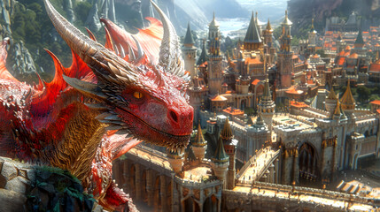 The red dragon guards the kingdom. Animal myths. Fictional world.