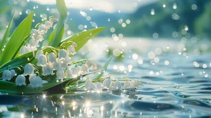 On the shore, lilies of the valley bloom on the surface of which there are drops of clear water. Sunlight, sparkling. The background is blurred and the reflections in the water create a dreamy scene. - obrazy, fototapety, plakaty