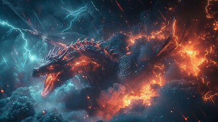 A mythical dragon breathing fire into the night sky, its flames illuminating the darkness. Animal myths. Fictional world. - obrazy, fototapety, plakaty