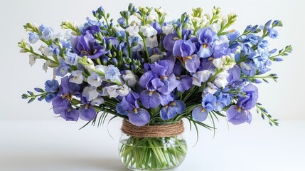   A vase of blue and white flowers in a glass container, secured by a rope at the base