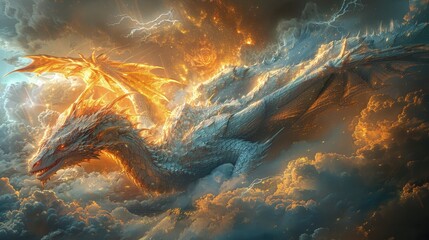 A majestic dragon soaring through stormy skies. mythical creature. Fictional world. - obrazy, fototapety, plakaty