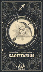 Zodiac sign Sagittarius on vintage vintage black vertical background, astrological symbols, date, constellation, modern horoscope chart. Mystical hand drawn vector illustration, calendar.