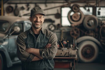Confident mechanic with arms crossed standing in an old-fashioned garage, smiling at the camera