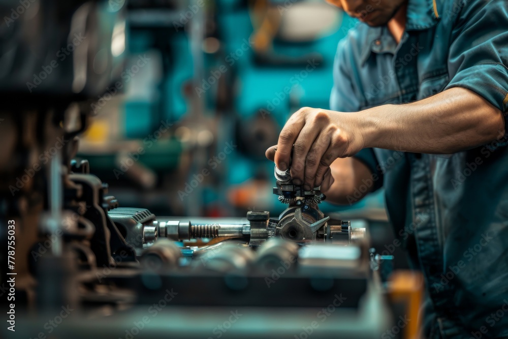 Aufkleber a focused mechanic meticulously works on engine parts in a workshop, using his skilled hands to fix 