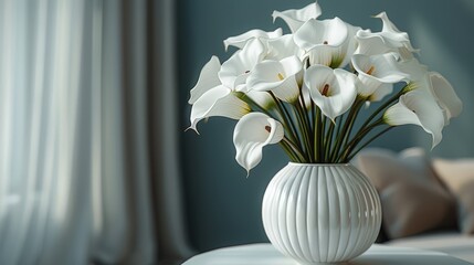   A white vase filled with white flowers rests atop a white table, nestled beside a white pillow perched upon a bed