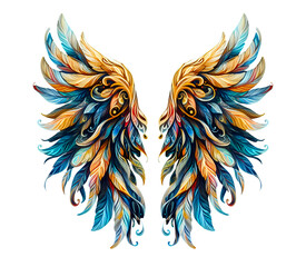 Fototapeta premium angel wing hand drawn watercolour effect front view isolated on transparent background