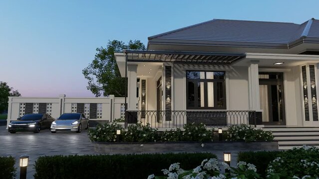 4K Video rendering One story contemporary house of Thai style with parking and natural scenery background.