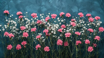   A bouquet of pink and white flowers against a blue and green backdrop with a blue wall in the distance