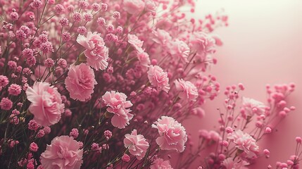   Pink flowers on lush greenery, filling the space on the pink wall