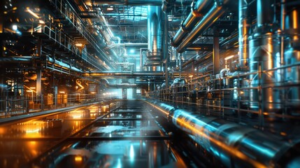 A futuristic industrial setting with a lot of pipes and machinery - Powered by Adobe