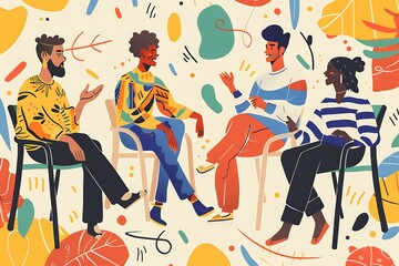 An illustration of four diverse people sitting in chairs, having a lively conversation with each other, with abstract shapes and doodles around them