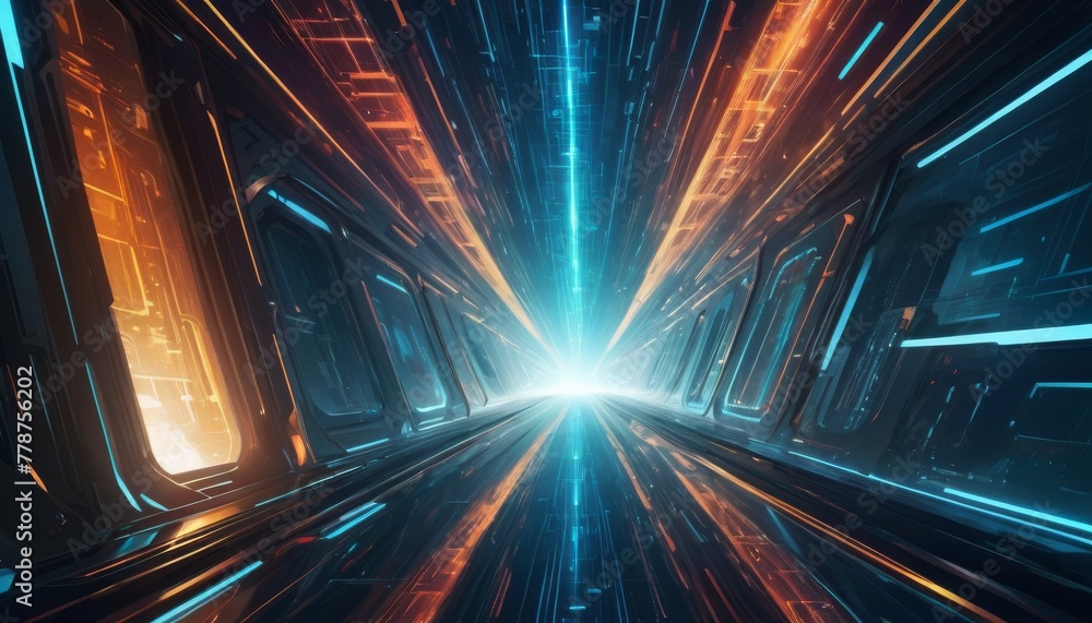 Poster a digital art piece depicting a high-speed journey through a glowing, futuristic corridor, simulatin