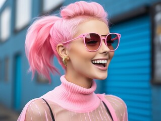Fototapeta na wymiar Woman With Pink Hair Wearing Pink Sunglasses