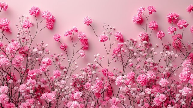  Pink flowers against a pink backdrop with pink walls both fore and aft