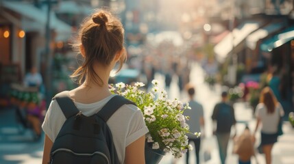 A woman confidently strolls down the street, carrying a backpack filled with vibrant flowers.