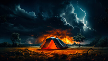 Tent is burning in wild camp during storm with lightnings in the sky. man is approaching the tent looking for help. - obrazy, fototapety, plakaty