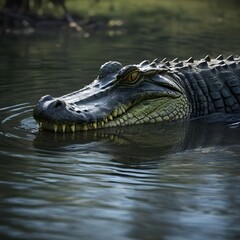 Obraz premium Capture the essence of nature's mystery with this stunning image of a lurking crocodile in a murky swamp, explore wildlife in its raw beauty.