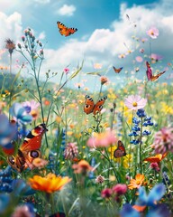 Field of wildflowers with butterflies