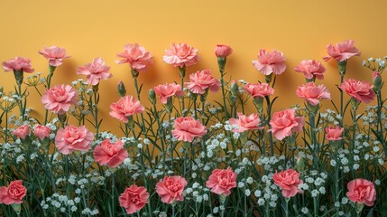   A row of pink and white flowers in front of a yellow wall with a cluster of pink and white flowers in the foreground