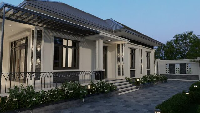 4K Video rendering One story contemporary house of Thai style with parking and natural scenery background.