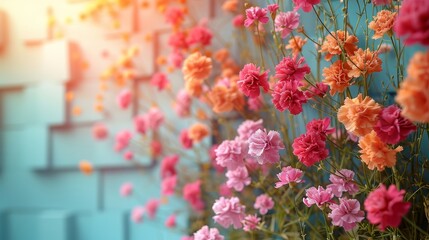   A vibrant array of pink and orange blossoms adorns the foreground, while a serene blue backdrop harmonizes with the subtle brick texture in the background