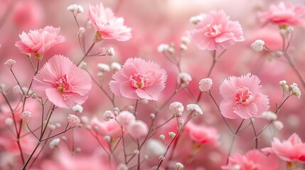   A field of pink flowers, dotted with white blooms, fills the frame