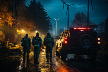 Three men walking on road at night with wind turbines in the background - obrazy, fototapety, plakaty