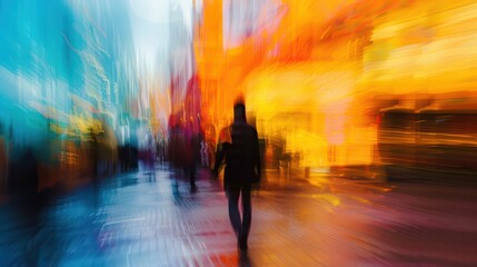 A blurry image of a city street with a person walking in the foreground