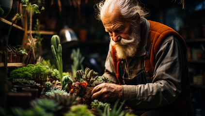 Senior man caring for plants in his garden taking care of plants pruning cacti using pruner