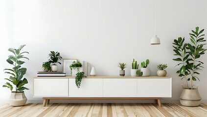 A light wood and white modern tv console with plants, books, decorations, on the right side of an empty wall. White background