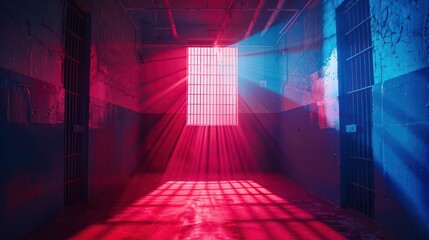 A prison cell with a red window and blue walls - Powered by Adobe
