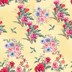 Seamless pattern with roses on a green background. Watercolor hand drawn
