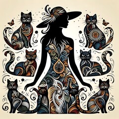 a silhouette of a woman surrounded by various cats