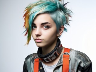 Woman With Colorful Mohawk and Leather Jacket - obrazy, fototapety, plakaty
