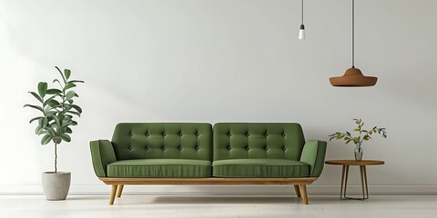 A green sofa with wooden legs and light wood armrests, accompanied by an olivecolored coffee table and pendant lighting on the white background - obrazy, fototapety, plakaty