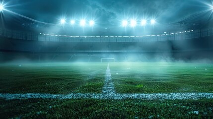 A soccer field with a goal and a few lights in the background