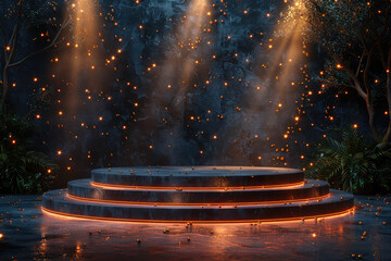 A black podium with lights is illuminated by golden light particles and falling stars on a dark background. Created with Ai