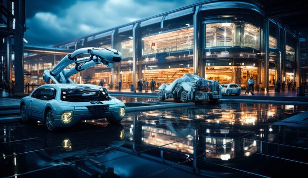 Two futuristic cars are parked in front of building