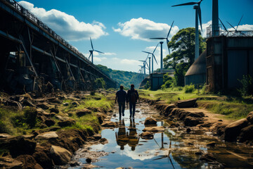 Two people walk through stream with wind turbines in the background.
