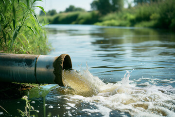 A metal pipe from an industrial plant discharges untreated wastewater into a natural water body.