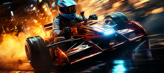 Racer drives car on the track with fiery effect - obrazy, fototapety, plakaty