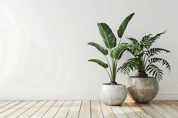  two plants in pots on wooden floor and white wall background - obrazy, fototapety, plakaty