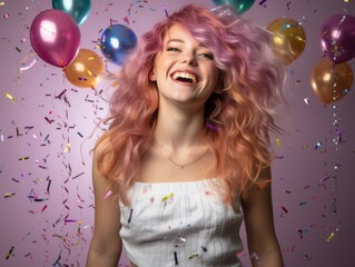 Obraz na płótnie Canvas Woman With Pink Hair Surrounded by Balloons and Confetti