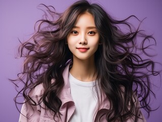Woman With Long Hair in Front of Purple Background