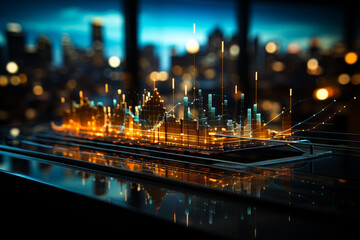Fototapeta na wymiar Trading graph on the cityscape at night and world map background,Business financial concept Standard-Bild