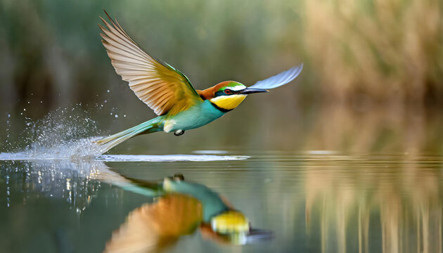 A vibrantly colored bird is captured in mid-flight just above the water's surface, its wings fully extended and droplets of water scattering around as it takes off. AI generated.