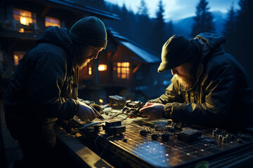 Two soldiers are playing board game in the mountains at night
